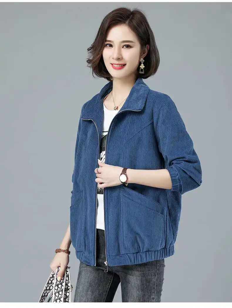 Corduroy Jacket 7XL 8XL Women's Short Loose Long-sleeved Zipper Coat Solid Casual Female Outwear Tops 2022 Spring Autumn New