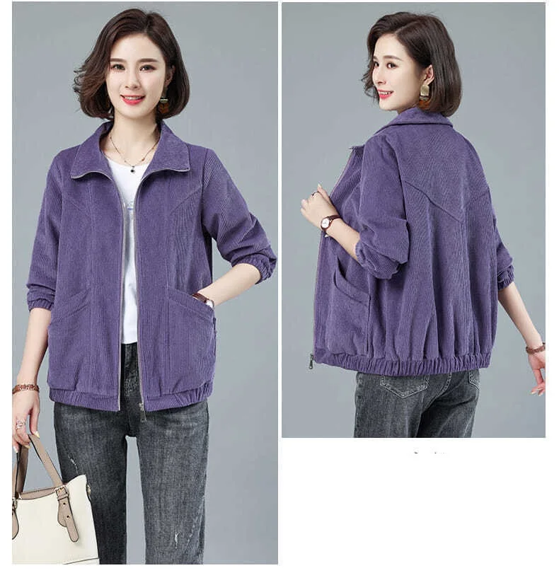Corduroy Jacket 7XL 8XL Women's Short Loose Long-sleeved Zipper Coat Solid Casual Female Outwear Tops 2022 Spring Autumn New
