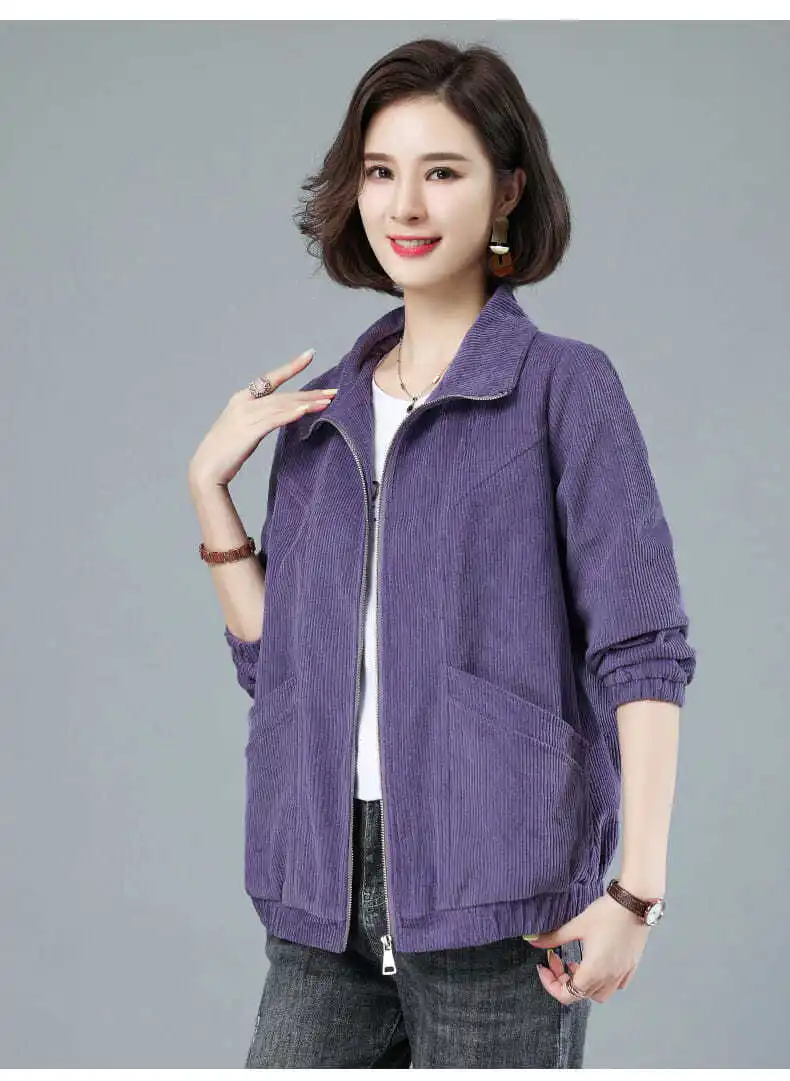 Corduroy Jacket 7XL 8XL Women's Short Loose Long-sleeved Zipper Coat Solid Casual Female Outwear Tops 2022 Spring Autumn New