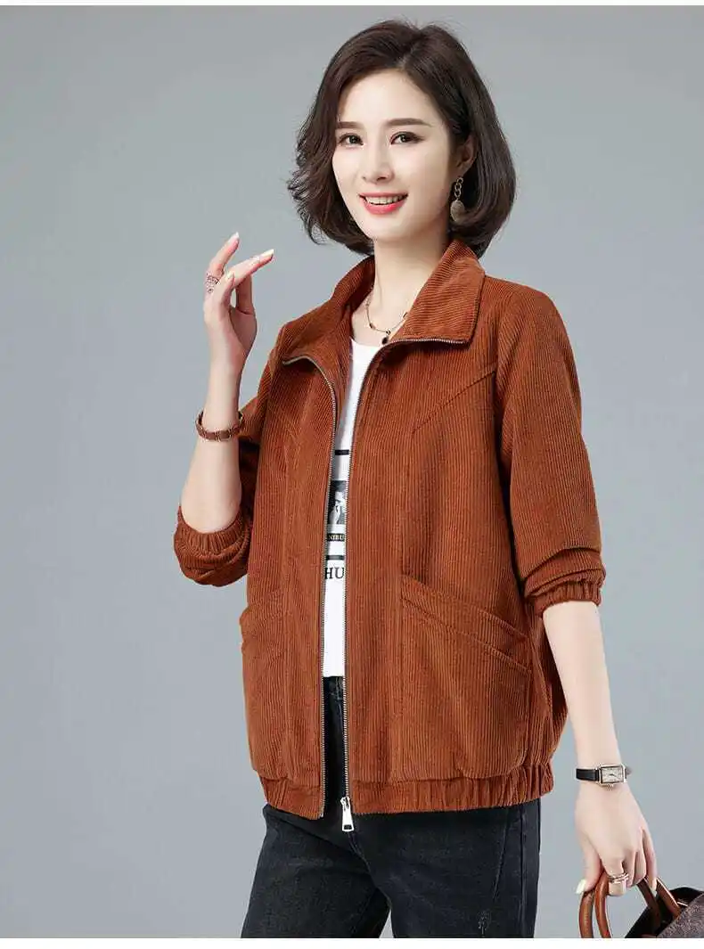 Corduroy Jacket 7XL 8XL Women's Short Loose Long-sleeved Zipper Coat Solid Casual Female Outwear Tops 2022 Spring Autumn New