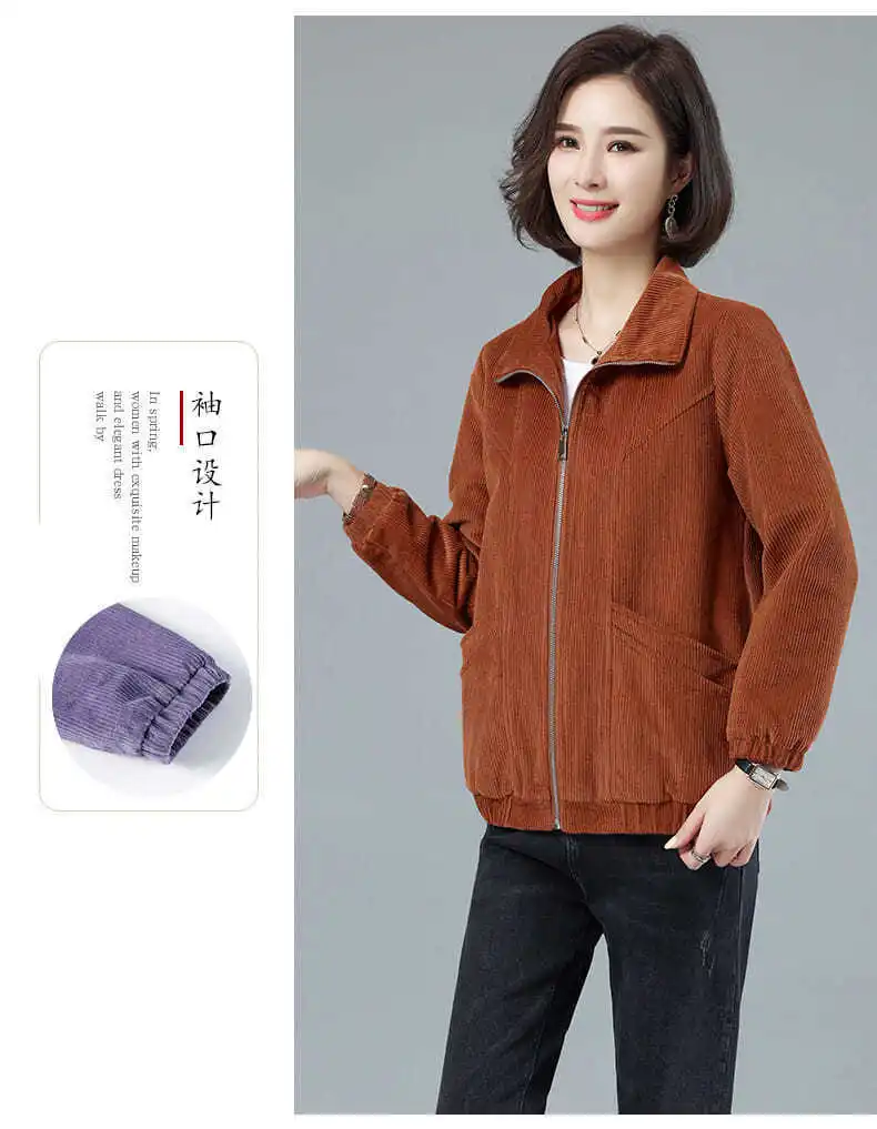 Corduroy Jacket 7XL 8XL Women's Short Loose Long-sleeved Zipper Coat Solid Casual Female Outwear Tops 2022 Spring Autumn New