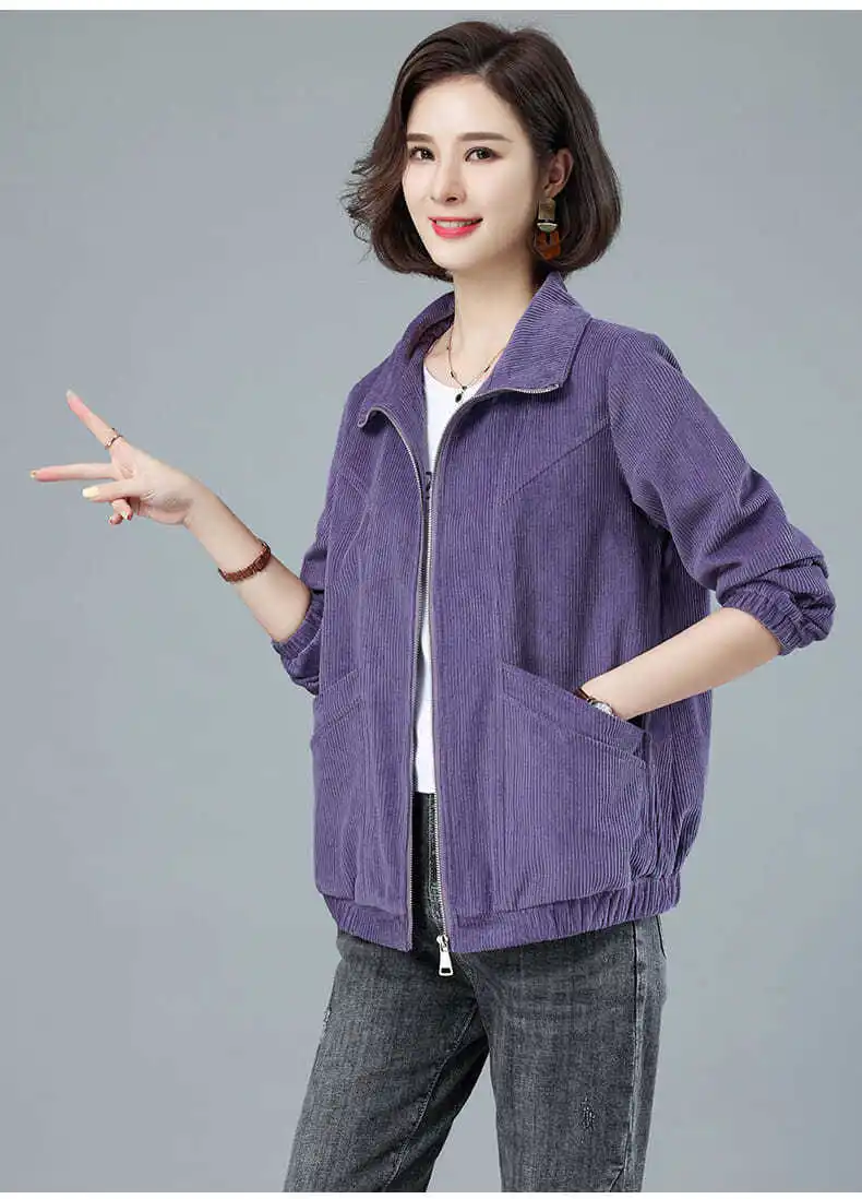 Corduroy Jacket 7XL 8XL Women's Short Loose Long-sleeved Zipper Coat Solid Casual Female Outwear Tops 2022 Spring Autumn New