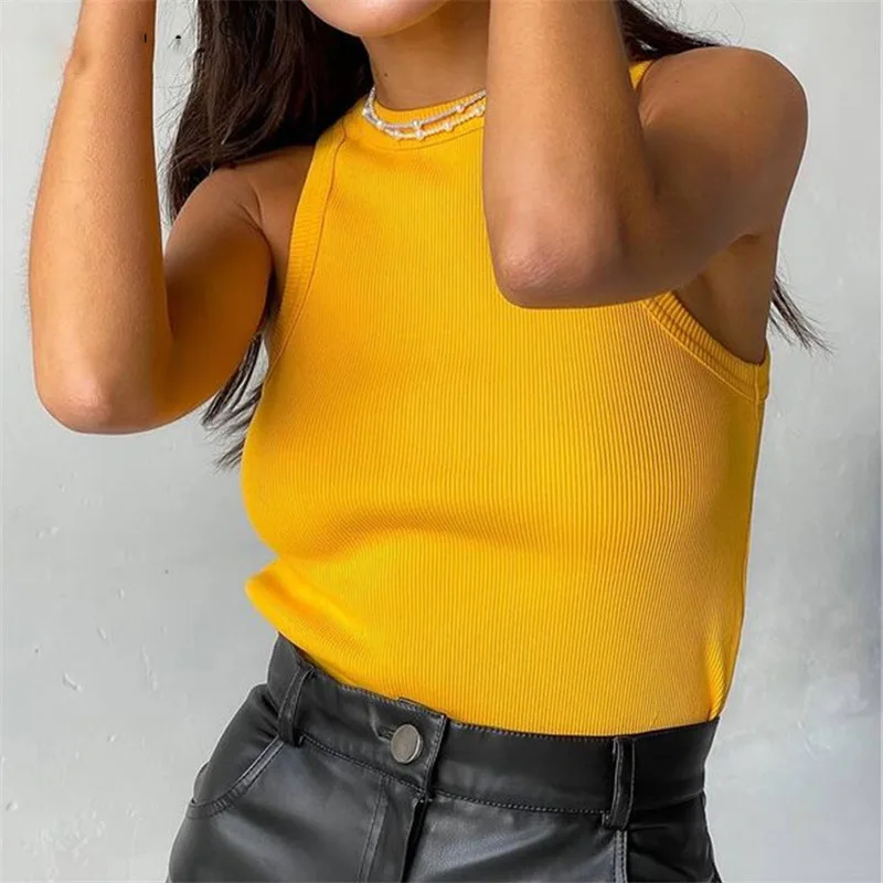 Tank Tops Women Yellow Casual Vest Sleeveless Camis Shoulder Women's Tank Top Ribbed Knitted Tops Summer Woman Shirts Tank Top