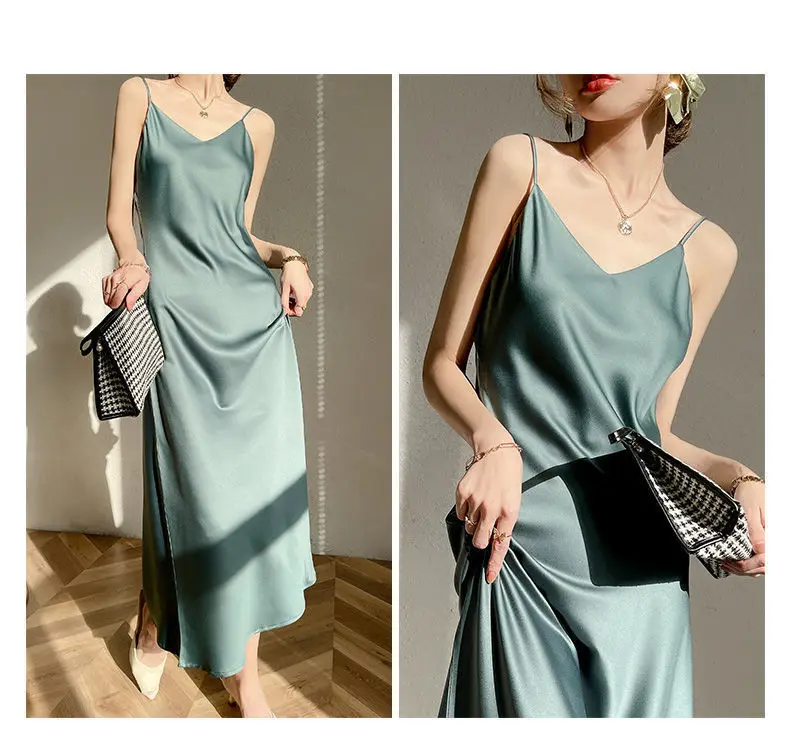 Vintage Satin Women's Dress Summer Sexy Spaghetti Strap Long Party Maxi Dresses Midi Robe Female Clothing