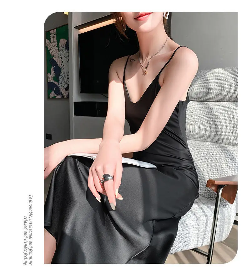 Vintage Satin Women's Dress Summer Sexy Spaghetti Strap Long Party Maxi Dresses Midi Robe Female Clothing