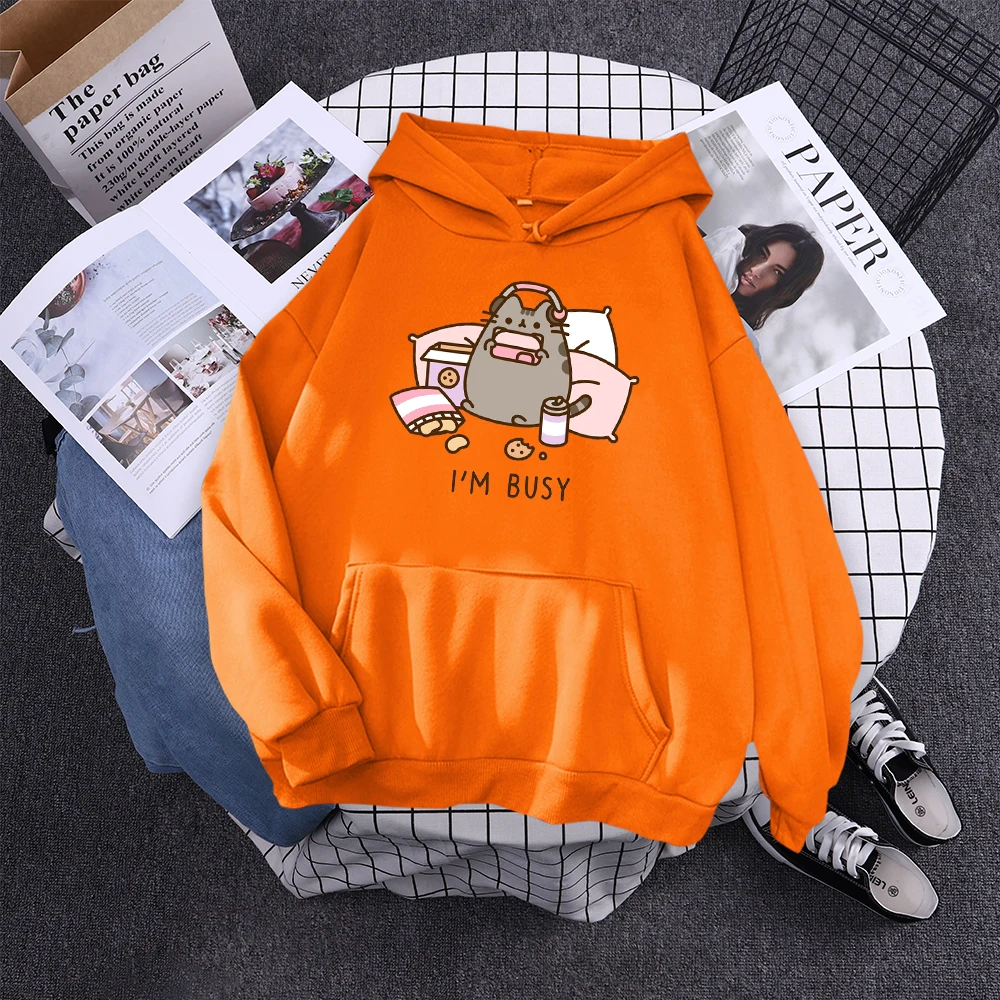 Sorry I'M Busy Cat Playing Games With Headphones Women Hoody Simple Pocket Pullovers Outdoor Soft Sweat Street Casual Female Top