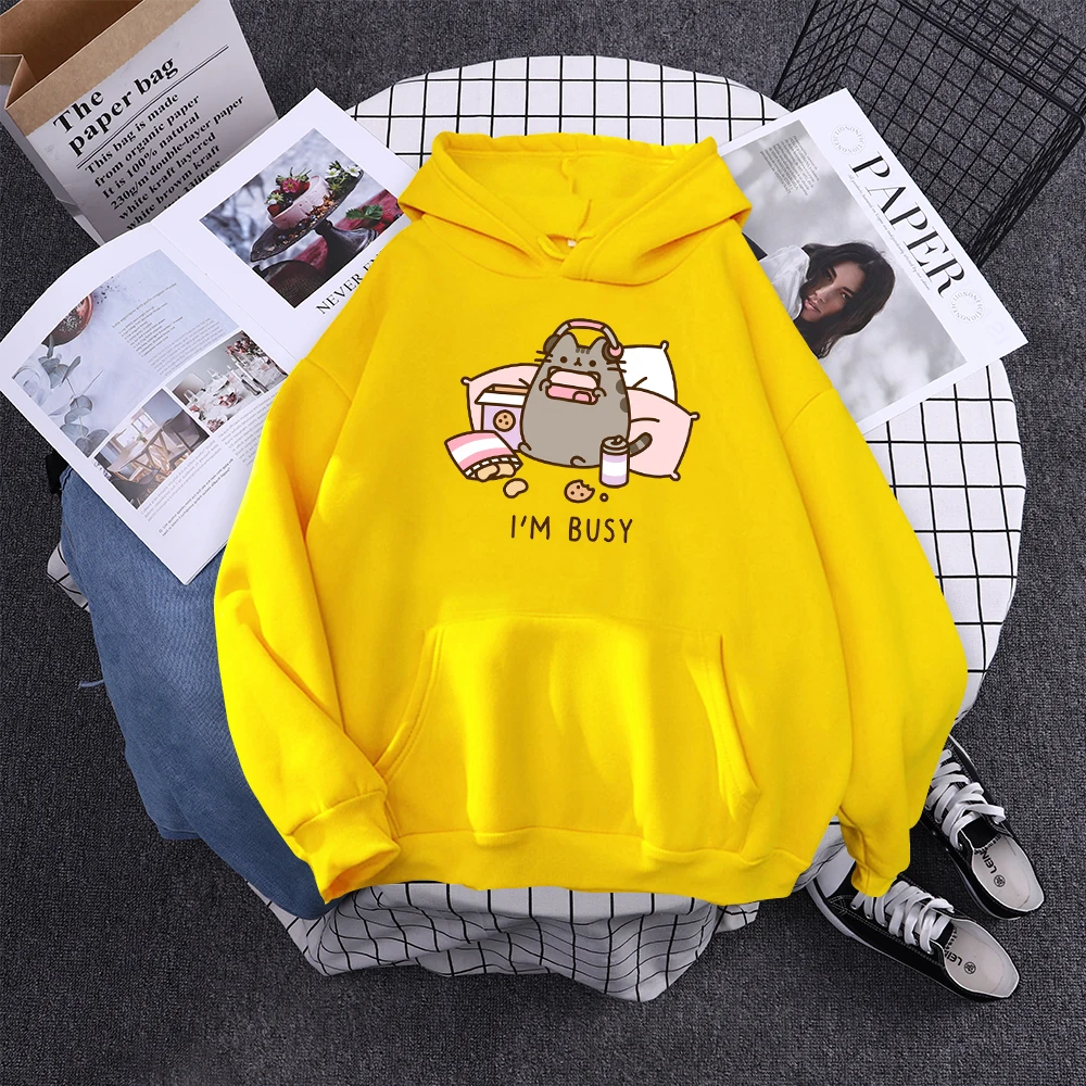 Sorry I'M Busy Cat Playing Games With Headphones Women Hoody Simple Pocket Pullovers Outdoor Soft Sweat Street Casual Female Top