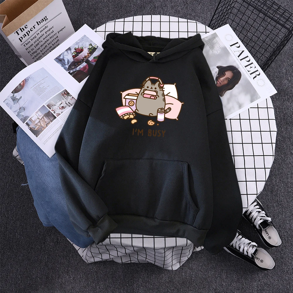 Sorry I'M Busy Cat Playing Games With Headphones Women Hoody Simple Pocket Pullovers Outdoor Soft Sweat Street Casual Female Top