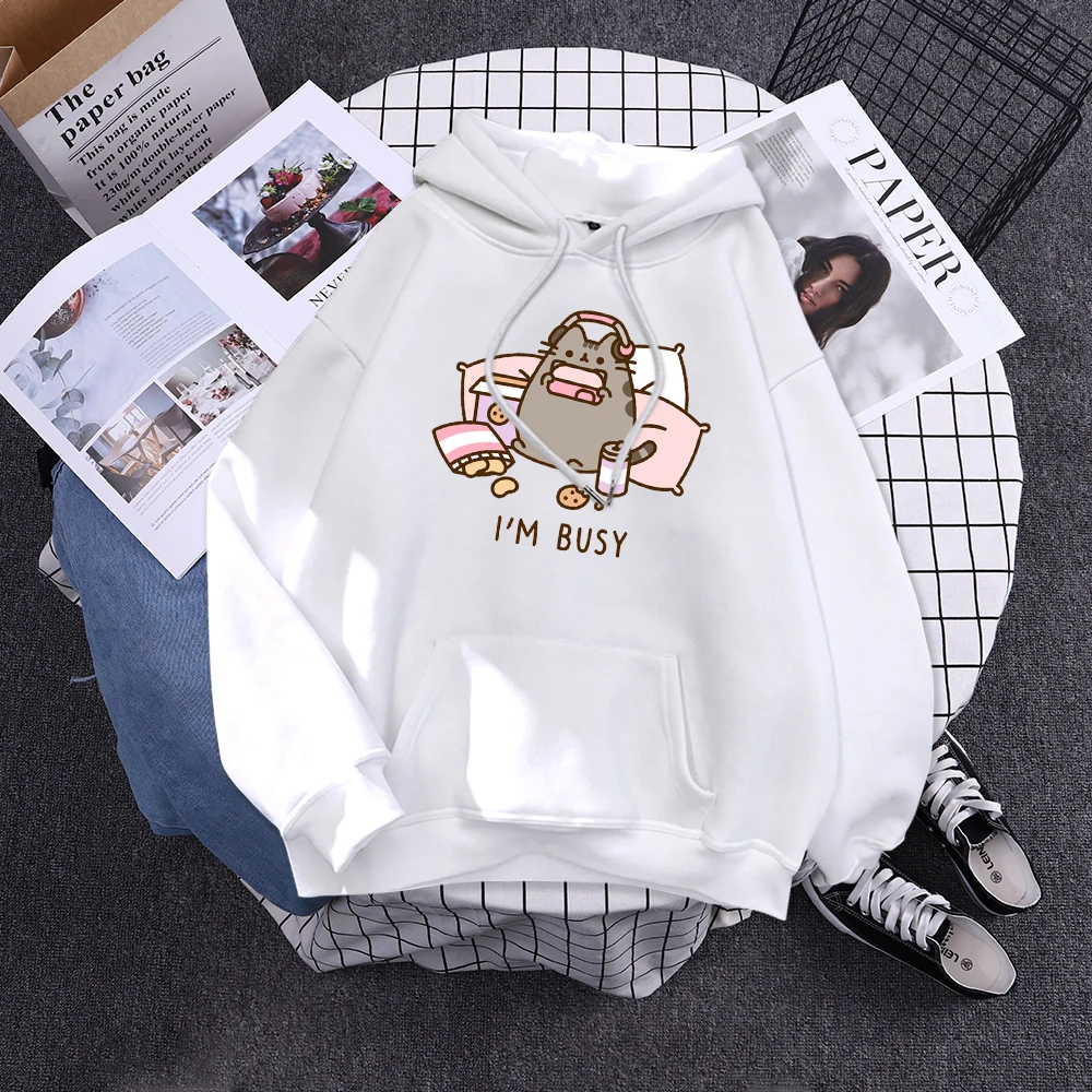 Sorry I'M Busy Cat Playing Games With Headphones Women Hoody Simple Pocket Pullovers Outdoor Soft Sweat Street Casual Female Top