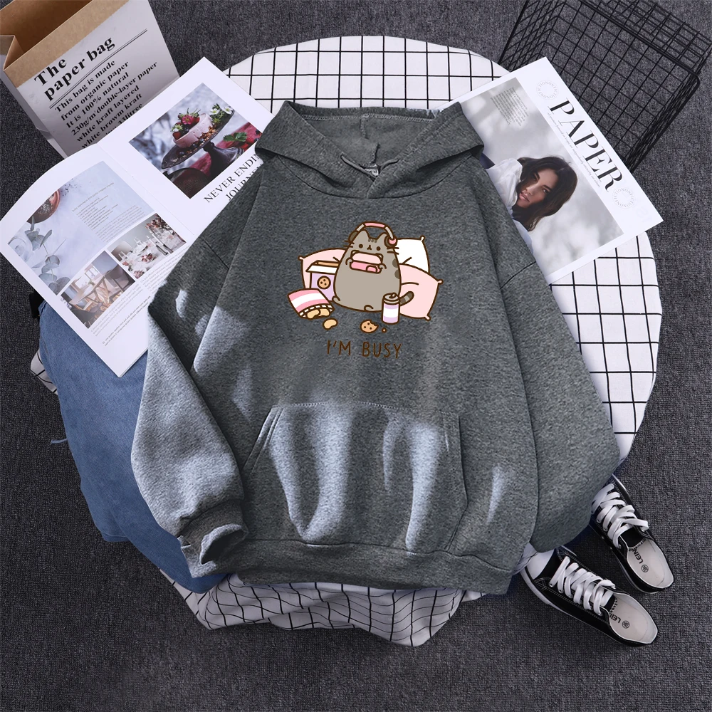 Sorry I'M Busy Cat Playing Games With Headphones Women Hoody Simple Pocket Pullovers Outdoor Soft Sweat Street Casual Female Top