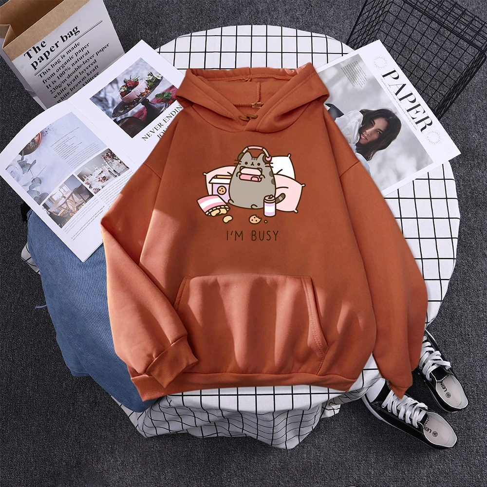 Sorry I'M Busy Cat Playing Games With Headphones Women Hoody Simple Pocket Pullovers Outdoor Soft Sweat Street Casual Female Top
