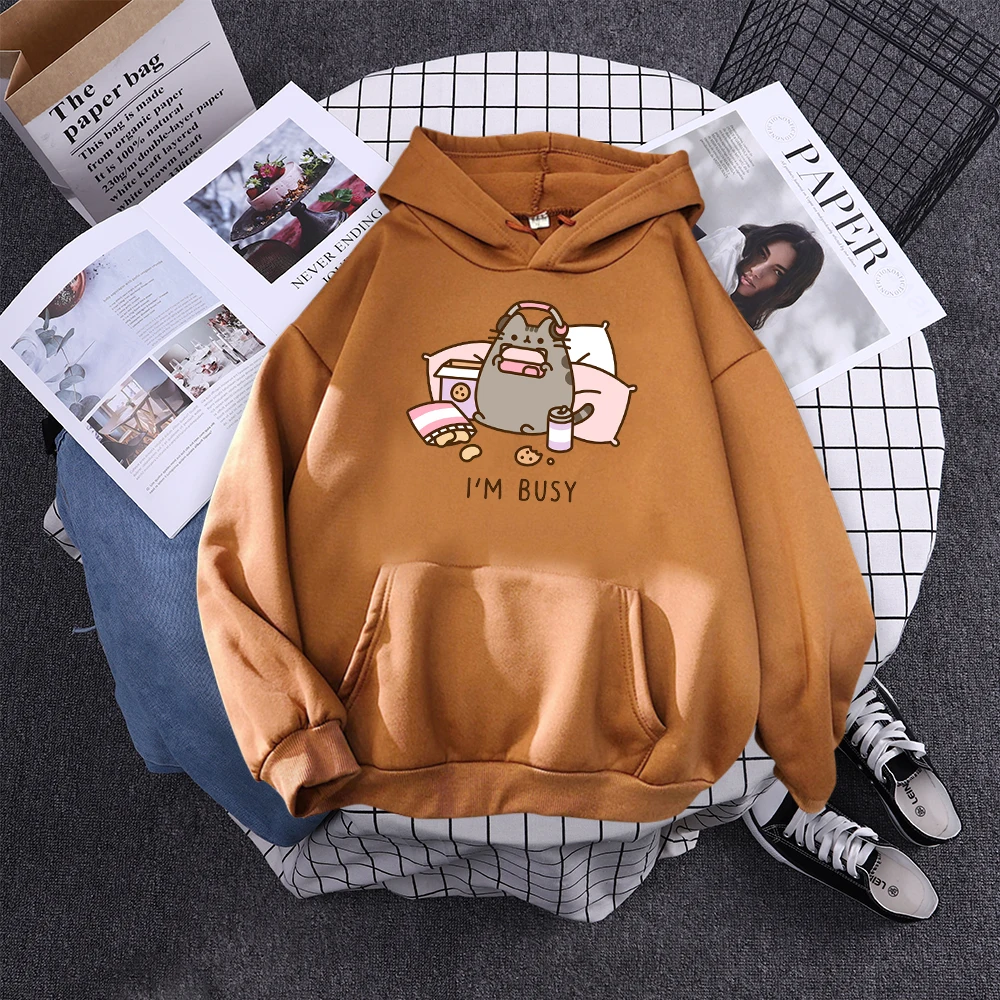 Sorry I'M Busy Cat Playing Games With Headphones Women Hoody Simple Pocket Pullovers Outdoor Soft Sweat Street Casual Female Top