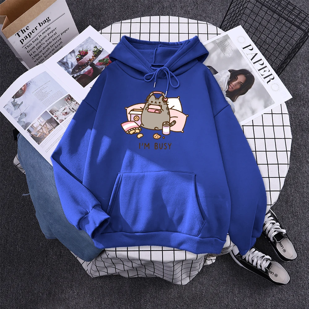Sorry I'M Busy Cat Playing Games With Headphones Women Hoody Simple Pocket Pullovers Outdoor Soft Sweat Street Casual Female Top