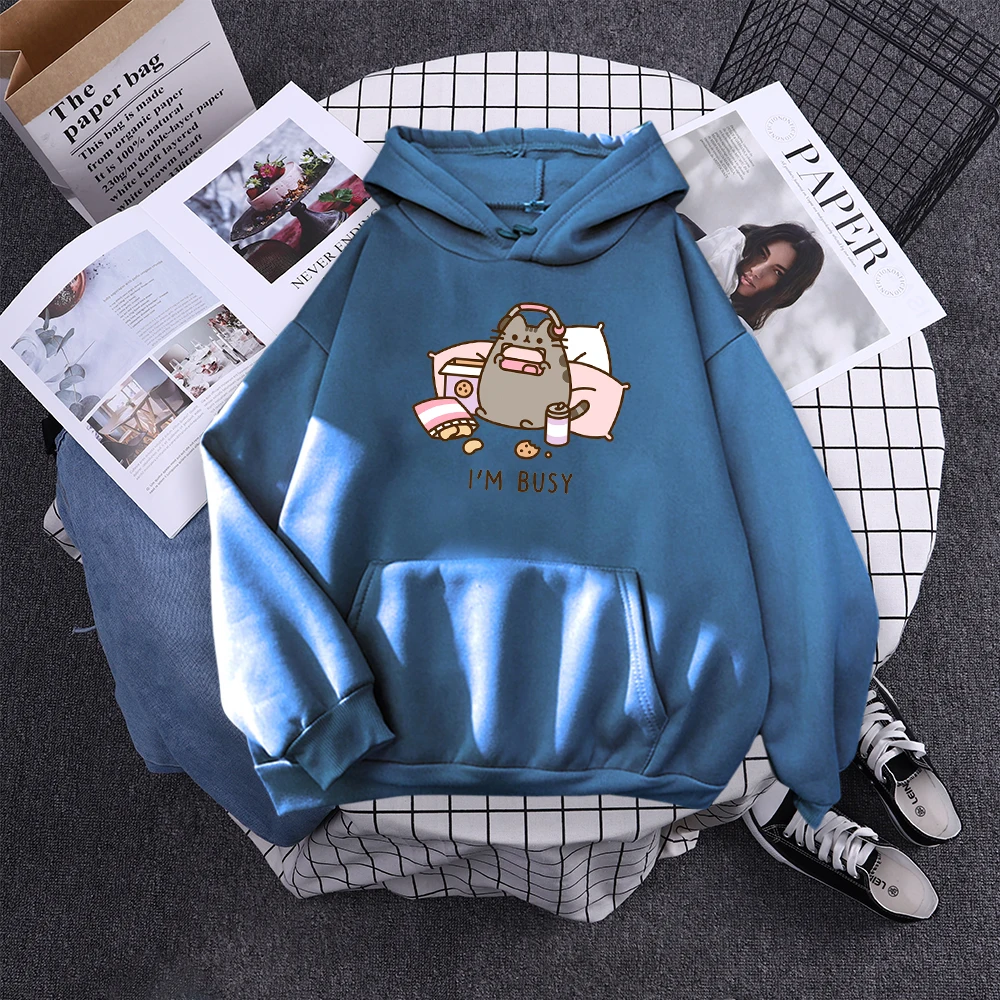 Sorry I'M Busy Cat Playing Games With Headphones Women Hoody Simple Pocket Pullovers Outdoor Soft Sweat Street Casual Female Top