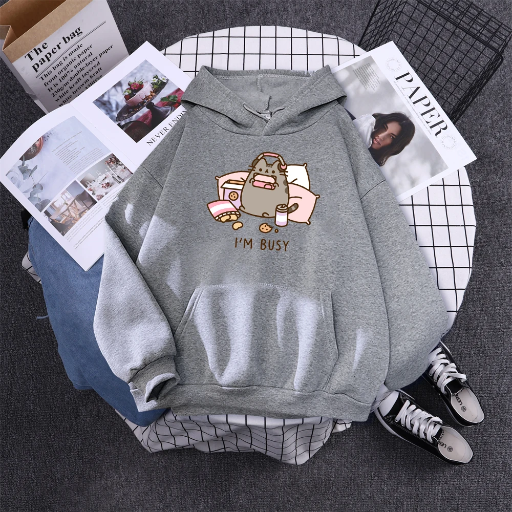 Sorry I'M Busy Cat Playing Games With Headphones Women Hoody Simple Pocket Pullovers Outdoor Soft Sweat Street Casual Female Top