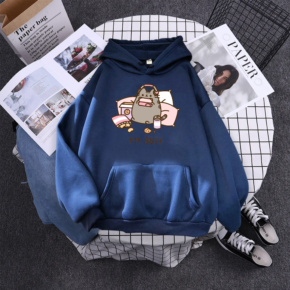 Sorry I'M Busy Cat Playing Games With Headphones Women Hoody Simple Pocket Pullovers Outdoor Soft Sweat Street Casual Female Top