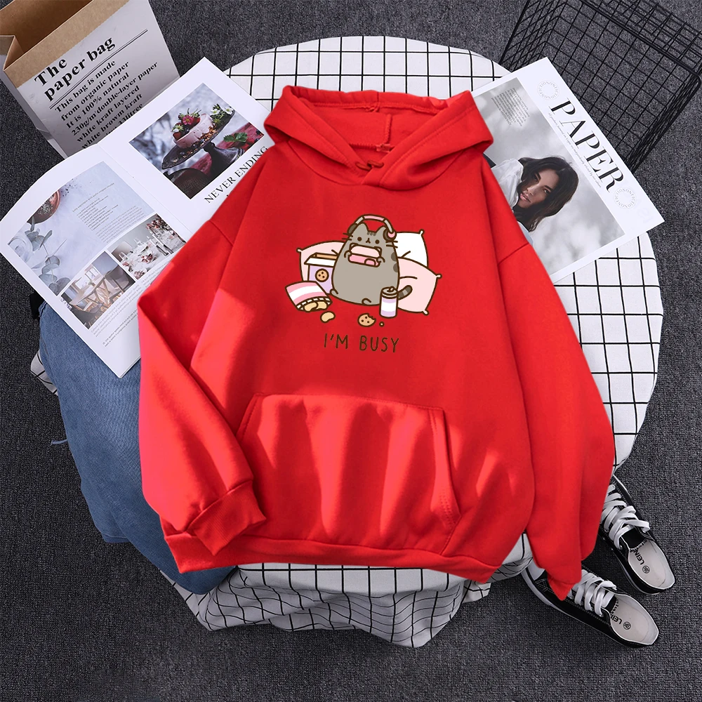 Sorry I'M Busy Cat Playing Games With Headphones Women Hoody Simple Pocket Pullovers Outdoor Soft Sweat Street Casual Female Top