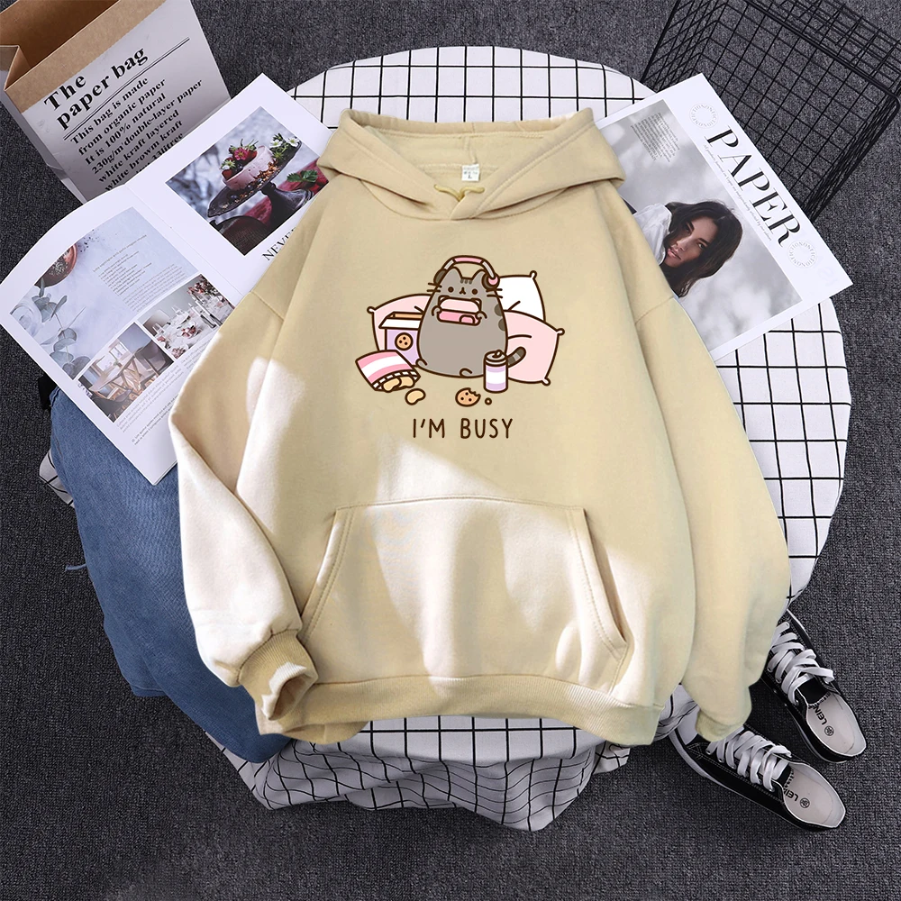 Sorry I'M Busy Cat Playing Games With Headphones Women Hoody Simple Pocket Pullovers Outdoor Soft Sweat Street Casual Female Top