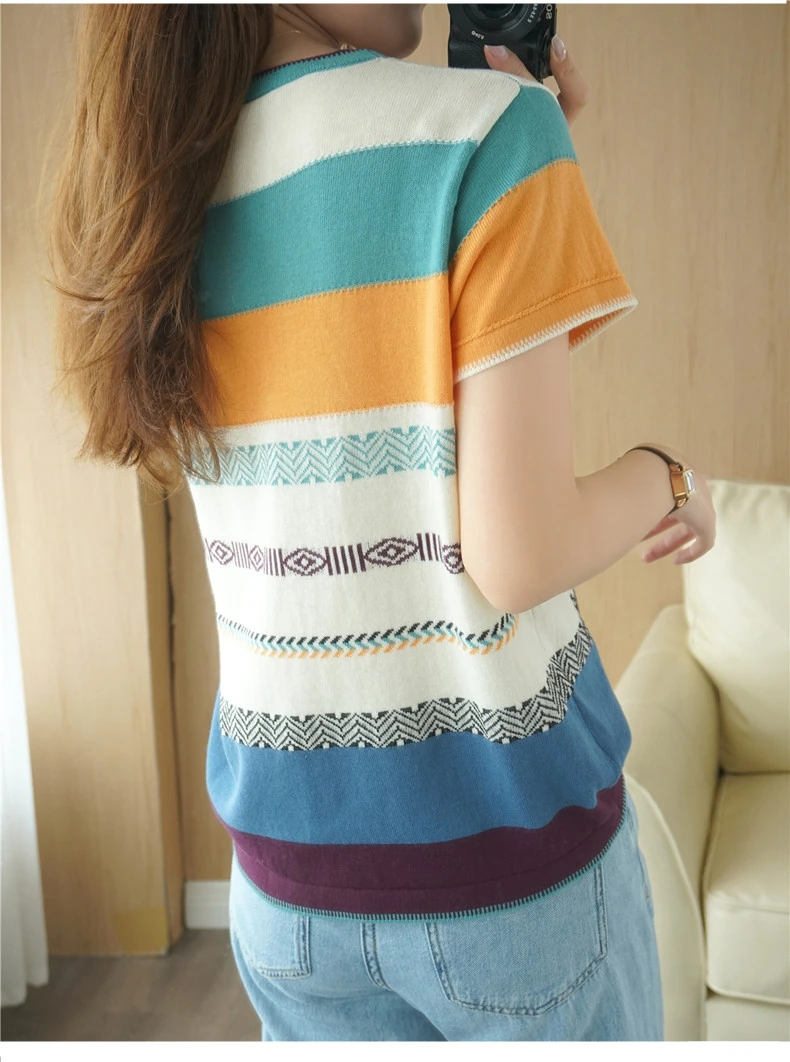 100% Cotton Short-sleeved Tees Summer Ladies O-neck Color-blocking Pullover Vest Stitching Contrast Color Base Knitted T-shirt