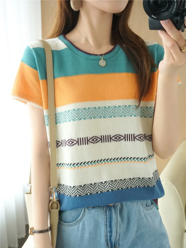 100% Cotton Short-sleeved Tees Summer Ladies O-neck Color-blocking Pullover Vest Stitching Contrast Color Base Knitted T-shirt