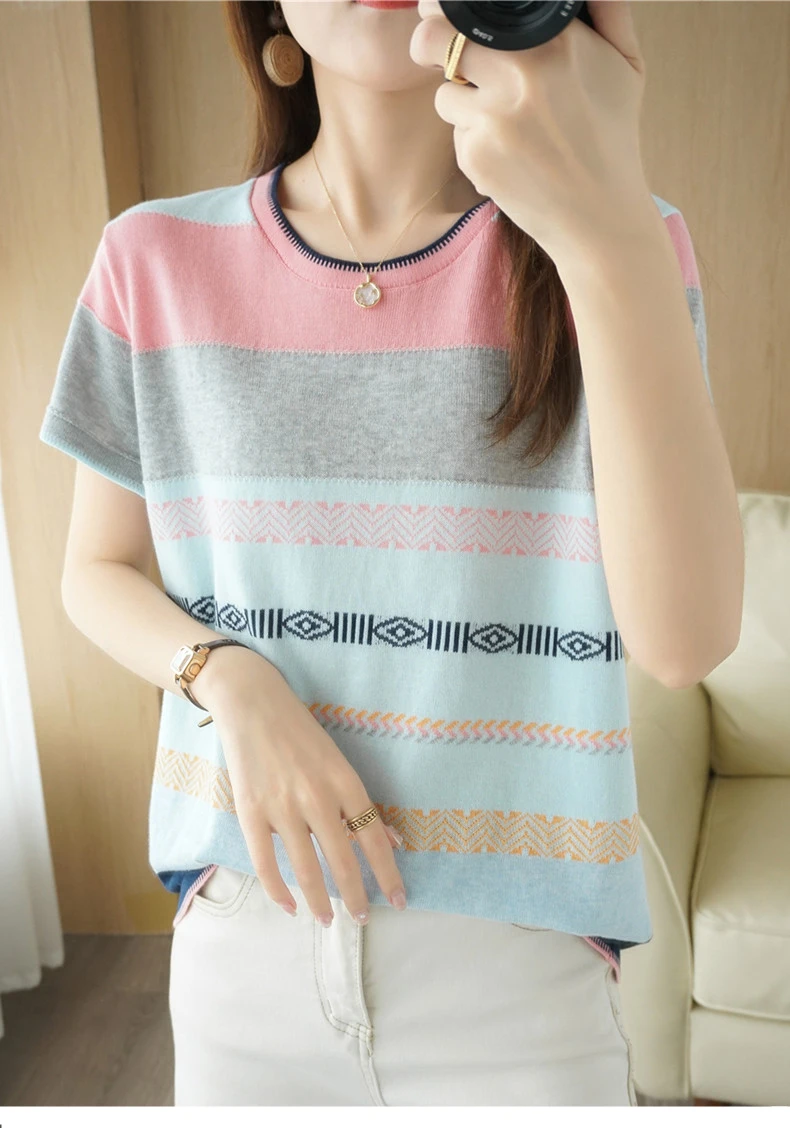 100% Cotton Short-sleeved Tees Summer Ladies O-neck Color-blocking Pullover Vest Stitching Contrast Color Base Knitted T-shirt