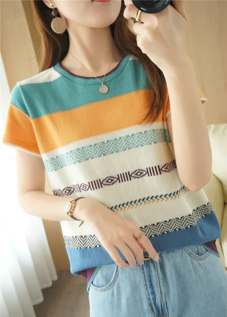 100% Cotton Short-sleeved Tees Summer Ladies O-neck Color-blocking Pullover Vest Stitching Contrast Color Base Knitted T-shirt