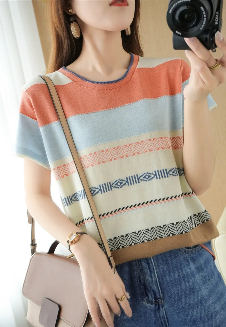 100% Cotton Short-sleeved Tees Summer Ladies O-neck Color-blocking Pullover Vest Stitching Contrast Color Base Knitted T-shirt