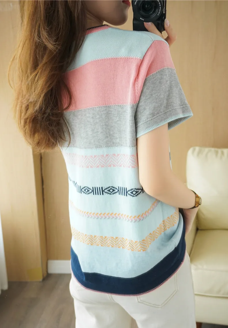 100% Cotton Short-sleeved Tees Summer Ladies O-neck Color-blocking Pullover Vest Stitching Contrast Color Base Knitted T-shirt