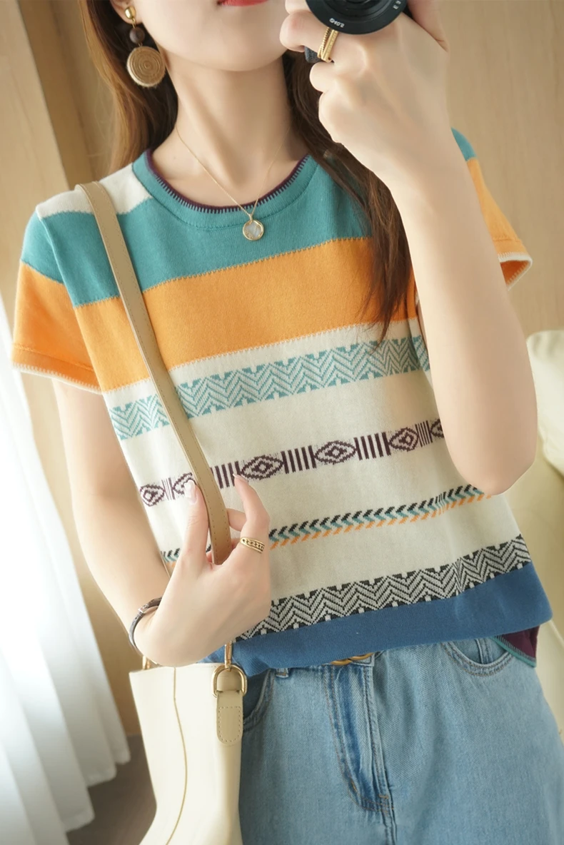 100% Cotton Short-sleeved Tees Summer Ladies O-neck Color-blocking Pullover Vest Stitching Contrast Color Base Knitted T-shirt