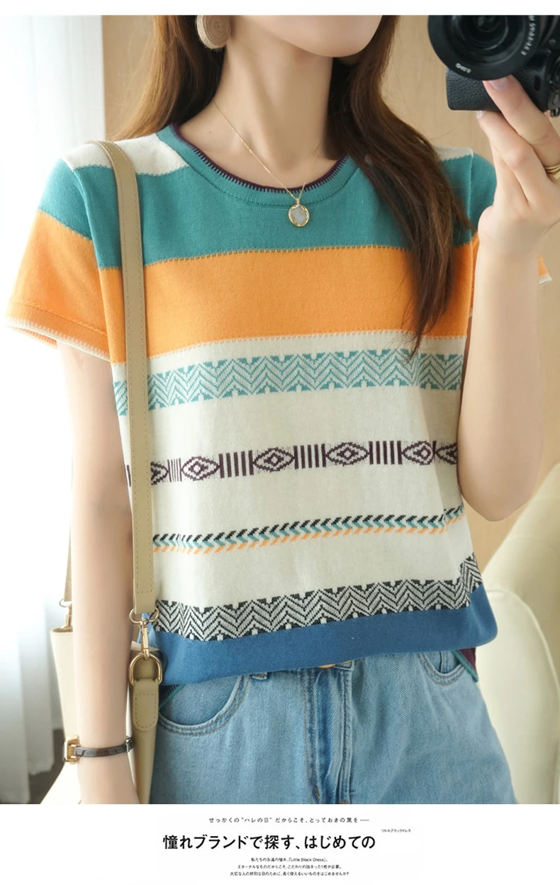 100% Cotton Short-sleeved Tees Summer Ladies O-neck Color-blocking Pullover Vest Stitching Contrast Color Base Knitted T-shirt