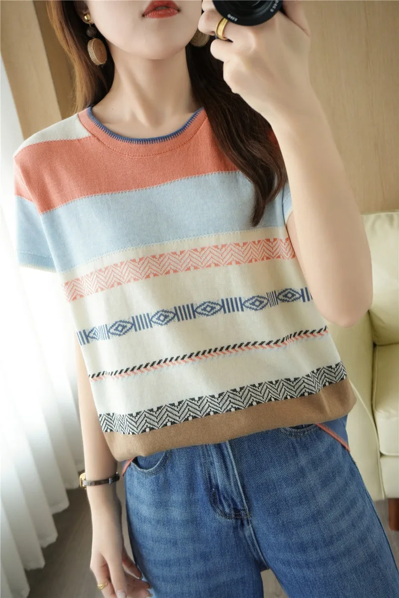 100% Cotton Short-sleeved Tees Summer Ladies O-neck Color-blocking Pullover Vest Stitching Contrast Color Base Knitted T-shirt
