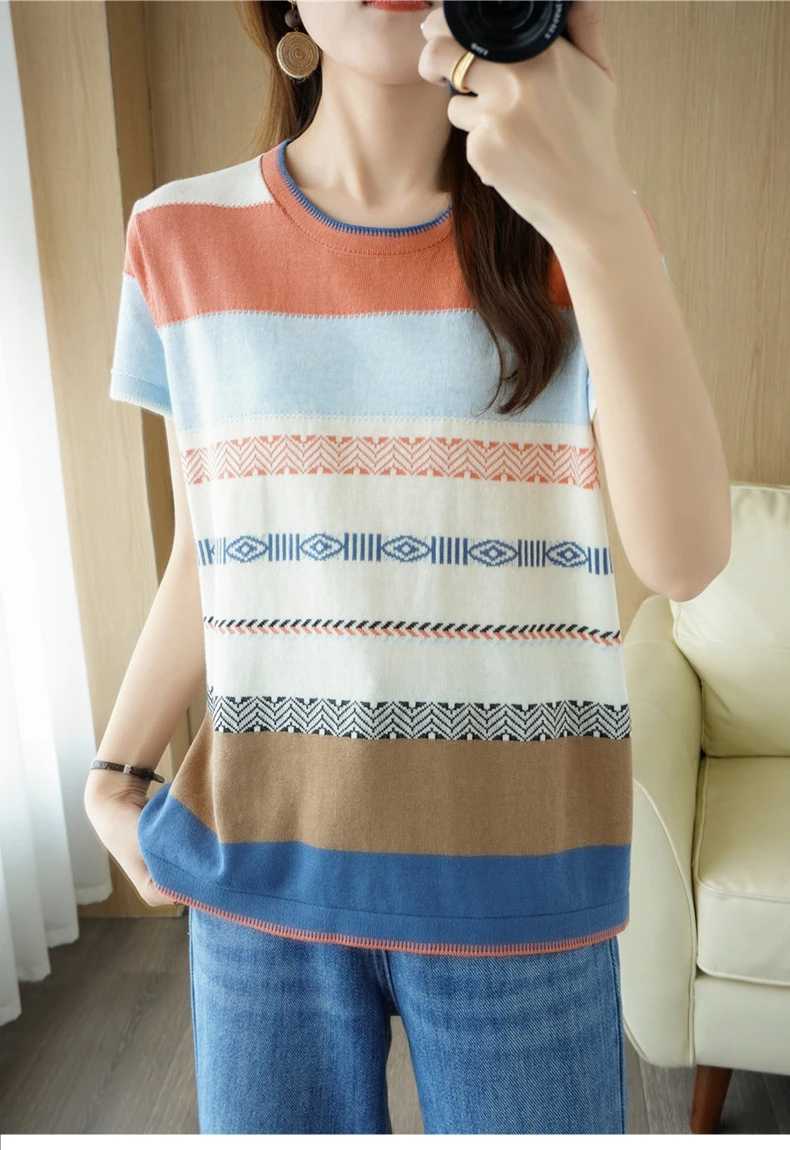 100% Cotton Short-sleeved Tees Summer Ladies O-neck Color-blocking Pullover Vest Stitching Contrast Color Base Knitted T-shirt