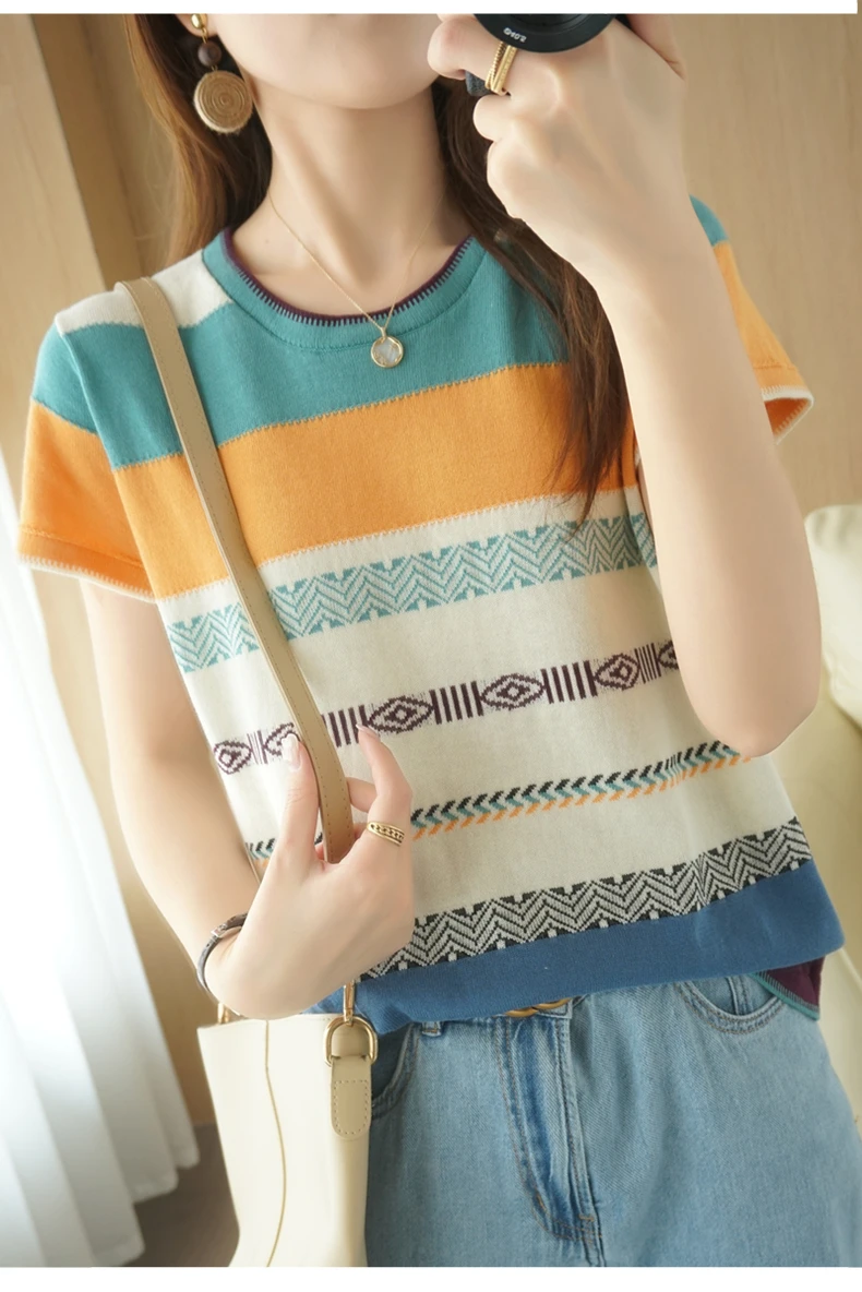 100% Cotton Short-sleeved Tees Summer Ladies O-neck Color-blocking Pullover Vest Stitching Contrast Color Base Knitted T-shirt