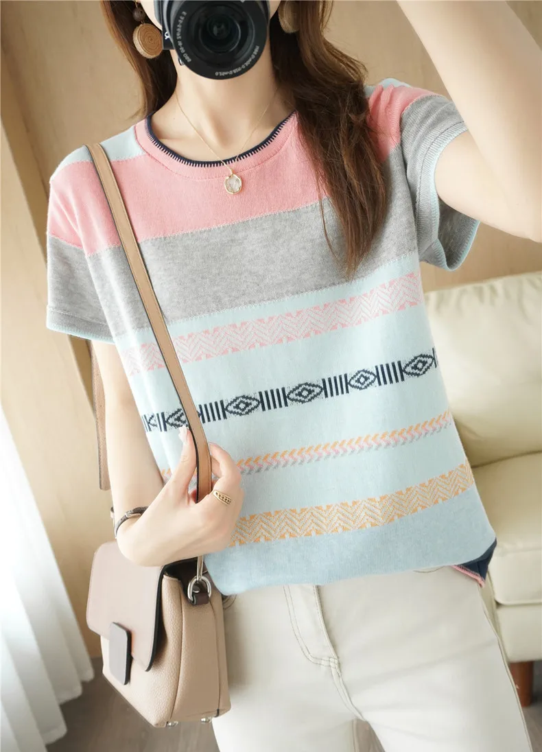100% Cotton Short-sleeved Tees Summer Ladies O-neck Color-blocking Pullover Vest Stitching Contrast Color Base Knitted T-shirt