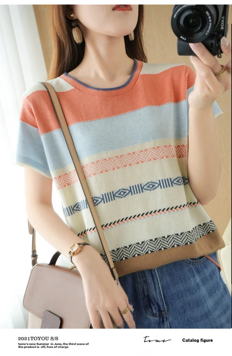 100% Cotton Short-sleeved Tees Summer Ladies O-neck Color-blocking Pullover Vest Stitching Contrast Color Base Knitted T-shirt