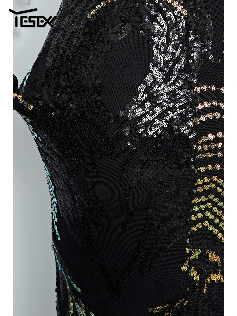 Yesexy New Women's Evening Dress Stretch Elegant Mermaid Maxi High Waist Long Sleeve V Neck Backless Sequin Prom Party Dress