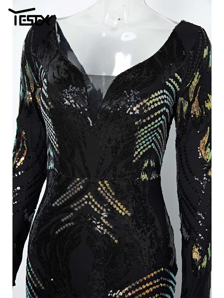 Yesexy New Women's Evening Dress Stretch Elegant Mermaid Maxi High Waist Long Sleeve V Neck Backless Sequin Prom Party Dress
