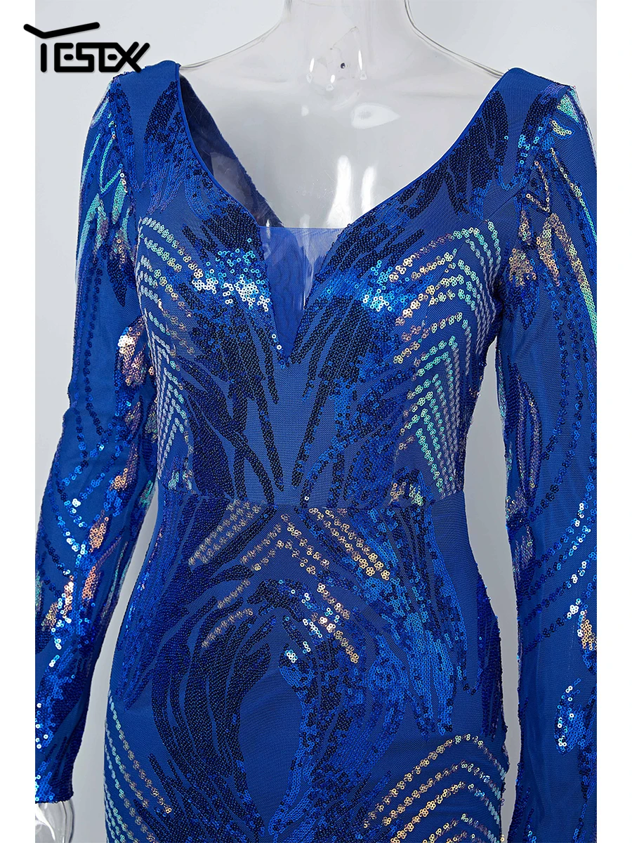 Yesexy New Women's Evening Dress Stretch Elegant Mermaid Maxi High Waist Long Sleeve V Neck Backless Sequin Prom Party Dress