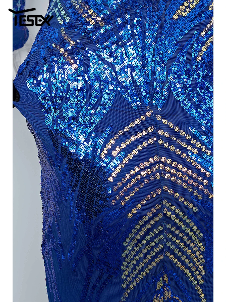 Yesexy New Women's Evening Dress Stretch Elegant Mermaid Maxi High Waist Long Sleeve V Neck Backless Sequin Prom Party Dress