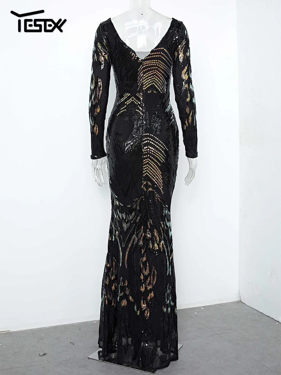 Yesexy New Women's Evening Dress Stretch Elegant Mermaid Maxi High Waist Long Sleeve V Neck Backless Sequin Prom Party Dress