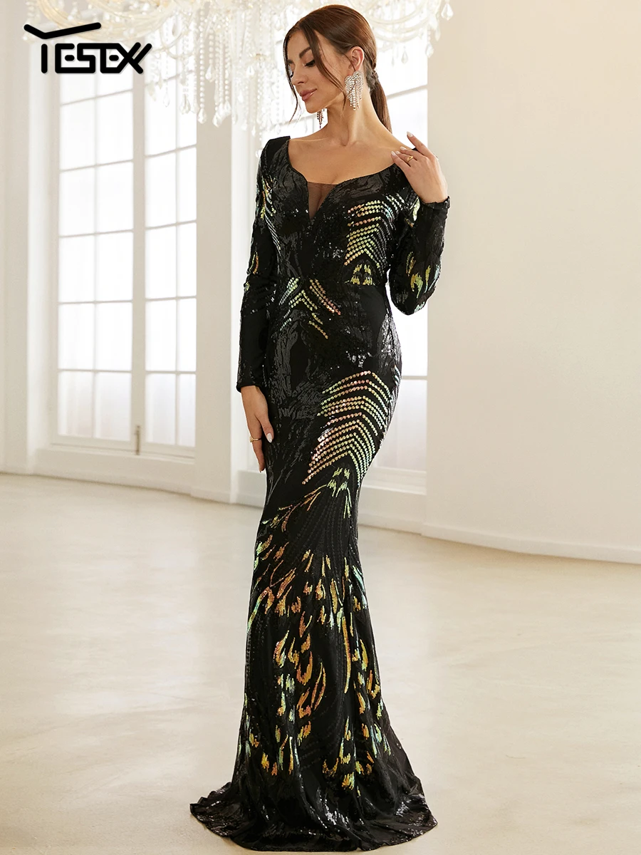 Yesexy New Women's Evening Dress Stretch Elegant Mermaid Maxi High Waist Long Sleeve V Neck Backless Sequin Prom Party Dress