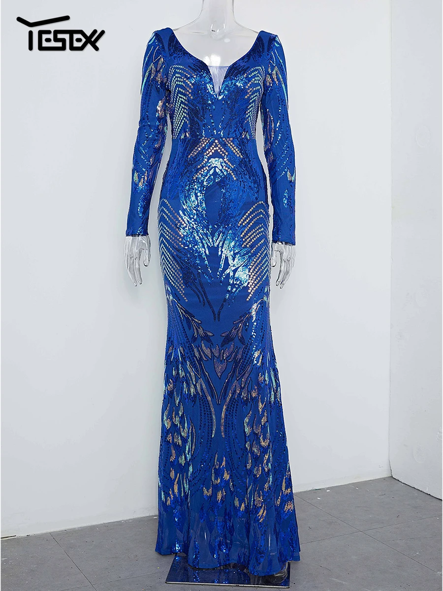 Yesexy New Women's Evening Dress Stretch Elegant Mermaid Maxi High Waist Long Sleeve V Neck Backless Sequin Prom Party Dress