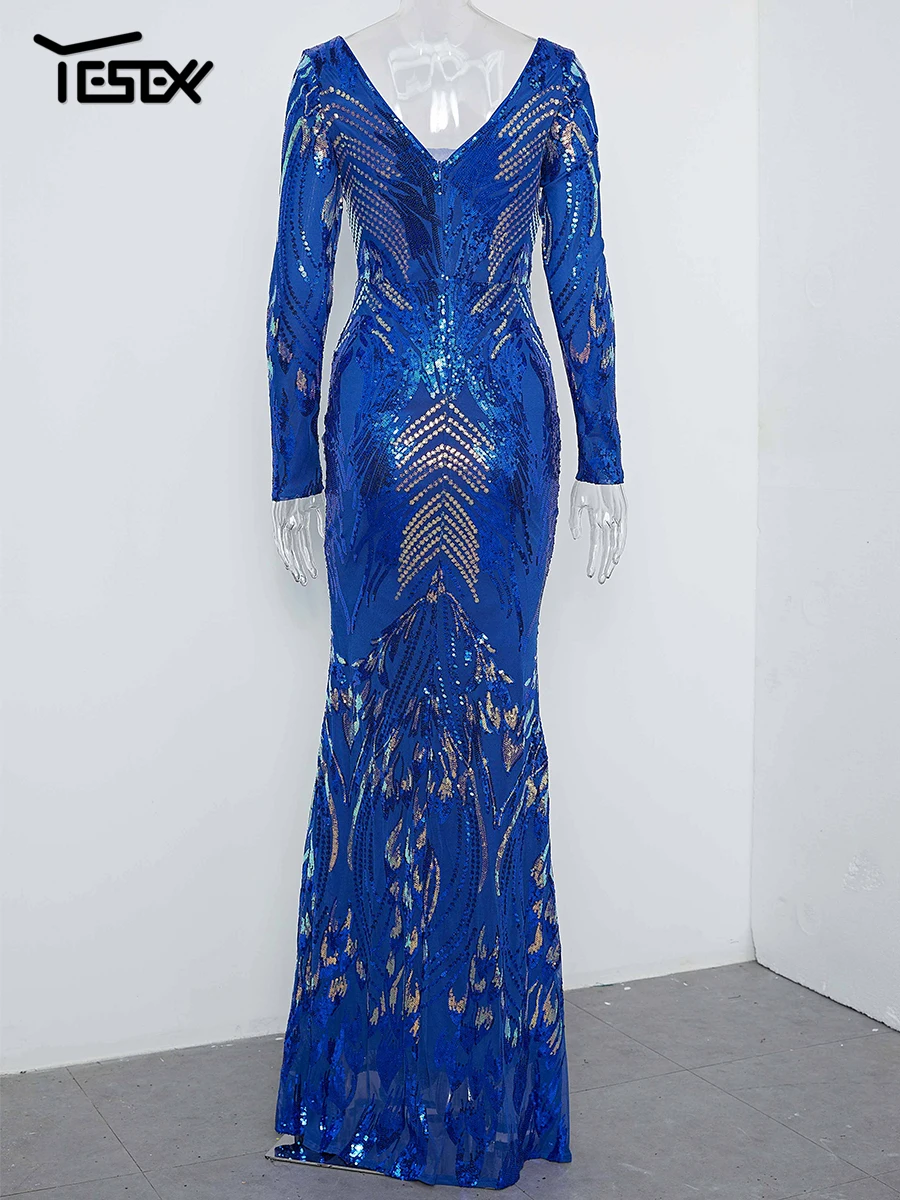 Yesexy New Women's Evening Dress Stretch Elegant Mermaid Maxi High Waist Long Sleeve V Neck Backless Sequin Prom Party Dress