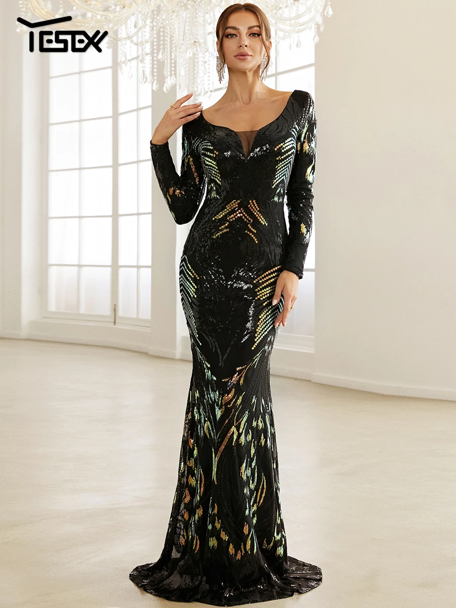 Yesexy New Women's Evening Dress Stretch Elegant Mermaid Maxi High Waist Long Sleeve V Neck Backless Sequin Prom Party Dress