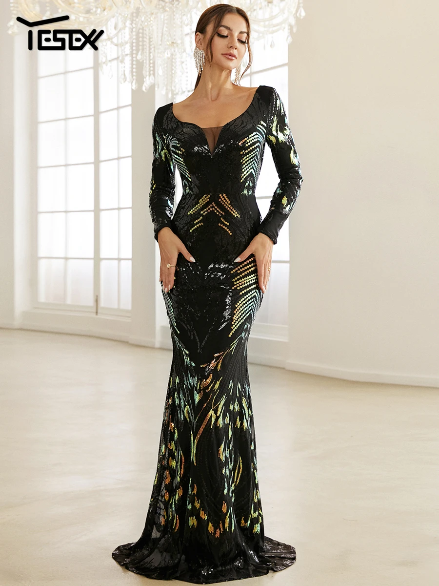 Yesexy New Women's Evening Dress Stretch Elegant Mermaid Maxi High Waist Long Sleeve V Neck Backless Sequin Prom Party Dress