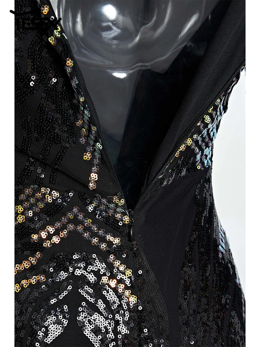 Yesexy New Women's Evening Dress Stretch Elegant Mermaid Maxi High Waist Long Sleeve V Neck Backless Sequin Prom Party Dress