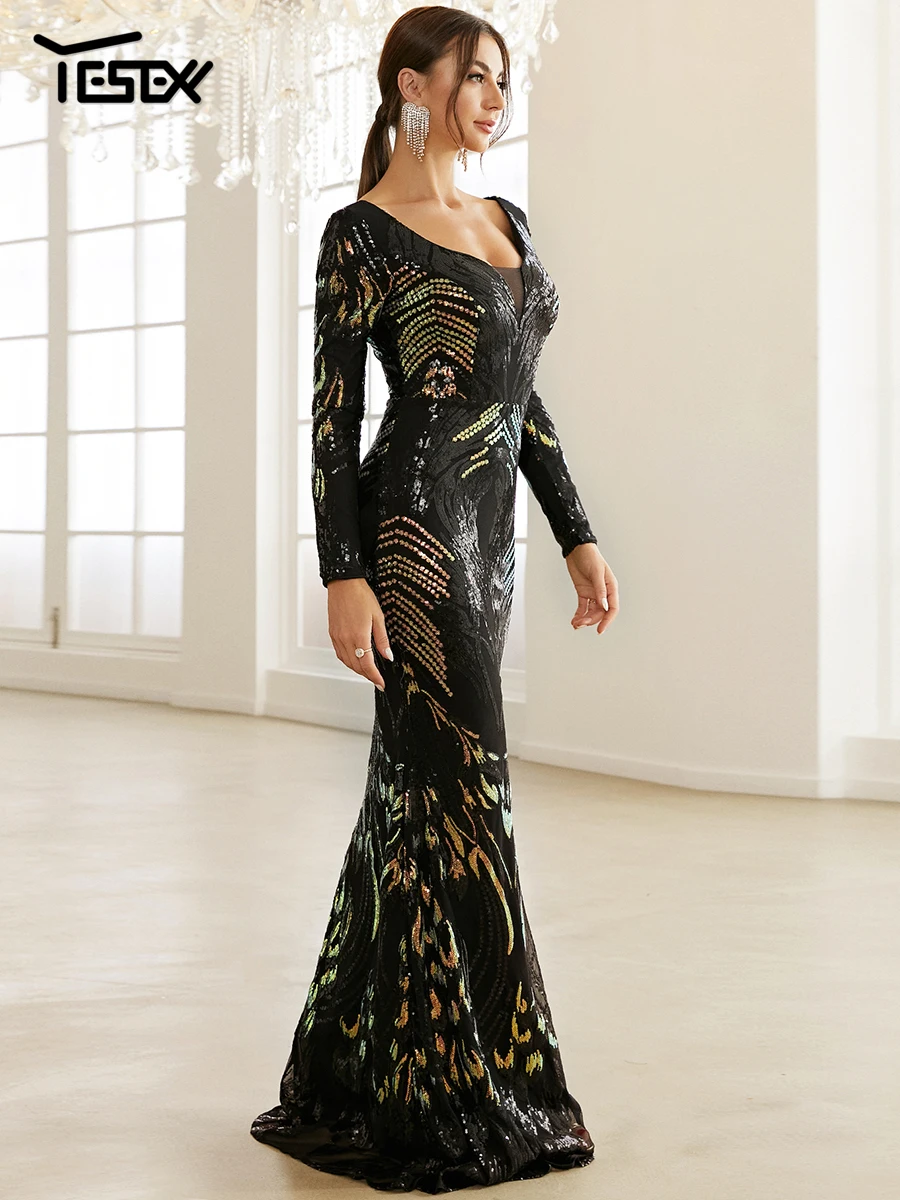 Yesexy New Women's Evening Dress Stretch Elegant Mermaid Maxi High Waist Long Sleeve V Neck Backless Sequin Prom Party Dress