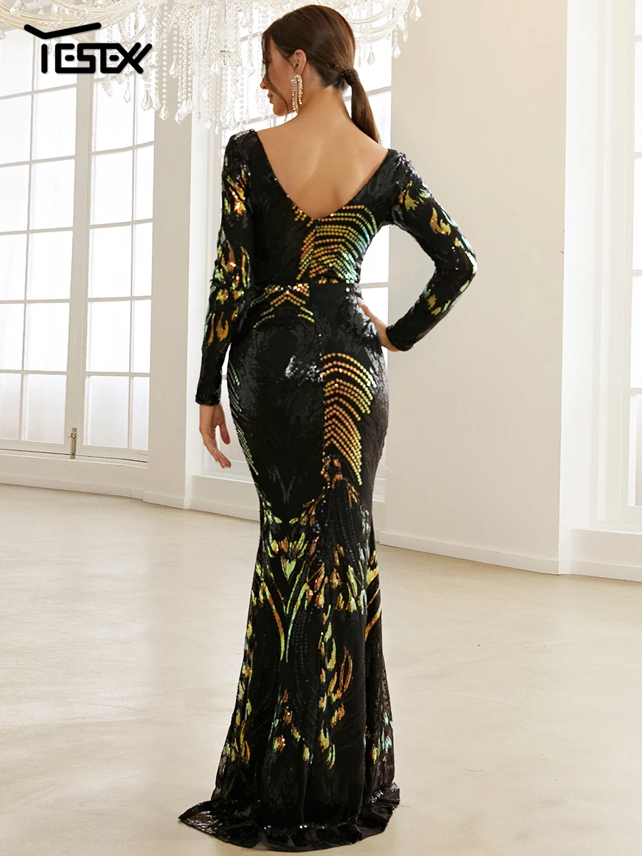 Yesexy New Women's Evening Dress Stretch Elegant Mermaid Maxi High Waist Long Sleeve V Neck Backless Sequin Prom Party Dress