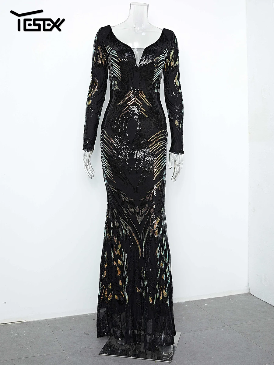 Yesexy New Women's Evening Dress Stretch Elegant Mermaid Maxi High Waist Long Sleeve V Neck Backless Sequin Prom Party Dress
