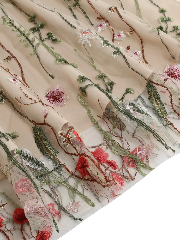 Tonval Floral Embroidered Mesh Overlay Vintage Long Dresses for Women High Waist Birthday Party Elegant Summer Dress